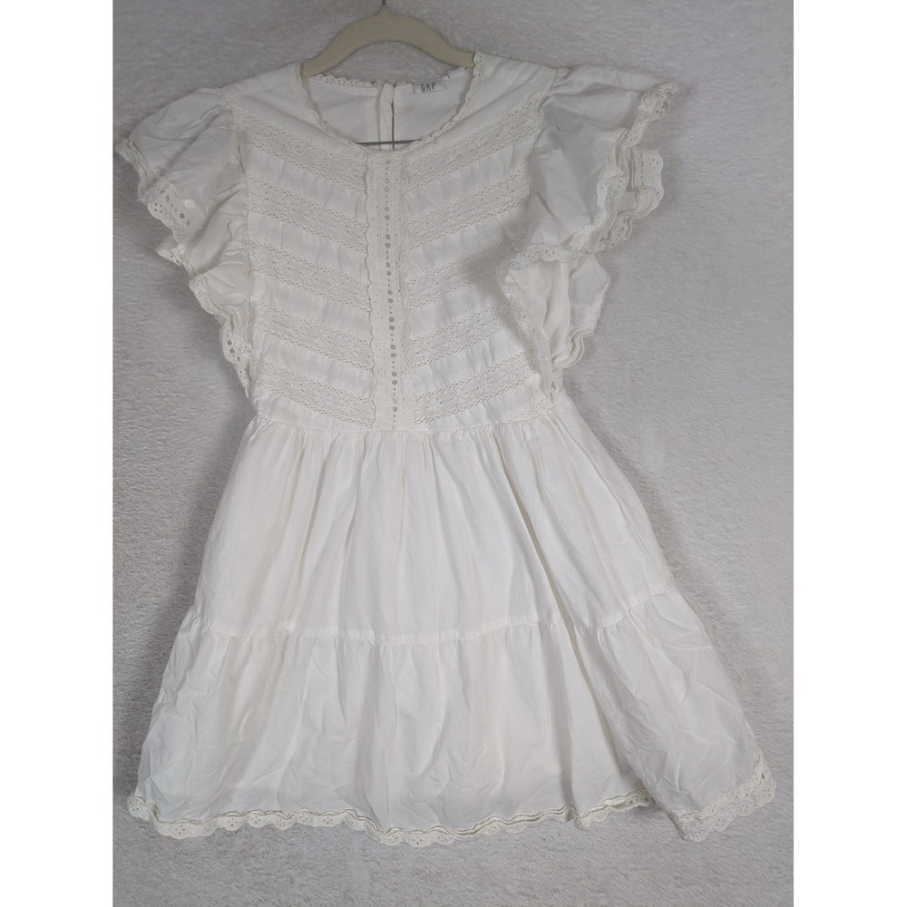 Gap Tiered Eyelet Lace Dress Girl's Size L 10-11 White Flutter Sleeve Boho